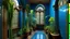 Placeholder: Room clad in cobalt blue and terracotta tiles, thin copper pipes snaking along the walls like metallic vines, narrow tunnels lined with feathery ferns, cement tiles with botanical motifs in shades of brown and turquoise, shiny conduits entwined with delicate vegetation, circular openings connecting secret spaces, industrial art nouveau style