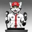 Placeholder: a drawing of a manga cat man with a sports cap and shirt, speaking at a (((lectern))) with a microphone, red, white and black colors, cat white and black colors, microphone in one hand, cat asking