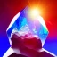 Placeholder: photograph of a (one massive colorful crystal:1.2) growing out of the rocky mountain, (focus on crystal:1.2), 4k, 8k, (highly detailed), ((landscape)),(translucent crystal:1.1), light going trough the crystal, bokeh, chromatic aberration, mountain view,