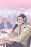 Placeholder: A simultaneous interpreter is sitting at a table with headphones with a microphone on his headphones at a foreign briefing, the background is blurred, everything is in pastel colors,