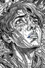 Placeholder: Portrait drawing of A man with deep lines on his face, staring towards the heaven, manga style, chaos