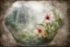 Placeholder: flowers, blur 5%, double exposure, merged layers, in the first part (near to us) of the picture you can see a plain sandblown smoked glass, engraved with a folk art pattern, the glass is cracked in several places, in some places the glass is broken, crumpled burlap, through it you can see a tropical rainforest with a waterfall, mist, tooth, sunrise