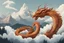 Placeholder: brown chinese dragon flying among wisps of clouds with at alpine mountains, magic swirls and smoke