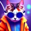 Placeholder: Scottish cat toddler, smile, cyberpunk headphone, sunglass, gangsta neckless, full body, orange puffer jacket, tokio background, dramatic lighting, hyper realistic, unreal engine 5, 16k