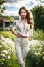 Placeholder: country side ,wild flowers, blosom pretty sky and cloudes a beautiful young lady wearing pants and blouse dancing gracefully in garden look at camera