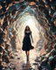Placeholder: make a picture pretty cave made of crystal and metallic 3d fractal recursive cubic and sphere base structures and a beautiful fashion model lady with cute,with dark cyan decholte top and pretty pleated midi skirt,siver,curvy long hair,makeup, she walks in cave ,dynamic camera fallow her inside cave capturing full body, dynamic lights.