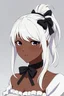 Placeholder: Beautiful, dark-skinned anime woman with white hair tied into a ponytail with a black bowtie and black eyes.