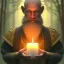 Placeholder: top down medium close up of robed monk with long beard in candle light, Dark fantasy concept art, dynamic lighting, Intricately detailed, Splash screen art, deep color, Unreal Engine, volumetric lighting, blue flowers, moss, leather, creek, flowing water, fantasy dark forest artwork,back light