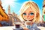 Placeholder: contented cute blonde blue eyed chibi girl drinking coffee in Italy in sunshine