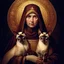 Placeholder: hauntingly illuminated medieval portrait of Saint Gertrude of Nivelles, her serene yet commanding presence radiating from the gilded frame as if stepping through time. Dressed in flowing 7th-century abbess robes of deep burgundy and gold, she cradles two sinuous Oriental Shorthair chocolate point Siamese cats like sacred relics—their piercing blue eyes glowing like sapphires against velvety sepia fur, their angular faces turned toward her with feline reverence. One paw rests on her embroidered s