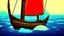 Placeholder: Small wooden ship, Legend Of Zelda: Wind Waker style, on a vast ocean, stylized, colorful, adventurous, no ships nor islands.