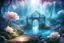 Placeholder: in a magical forest a magnificent crystal palace, pink and blue light, dancing light particles present everywhere, a small turquoise lake, a small waterfall, crystal flowers, crystal cluster, special lighting, a golden small bridge, rays of sun, in the foreground very small white peonies, daffodils, magical atmosphere, very good definition, many refined details