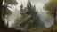 Placeholder: a serial killer castle in the woods on a mountain, by Alphonse Mucha and simon bisley, very beautiful, highly detailed, hyperrealistic, intricate, symmetry, cinematic, swirling fog, trending on artstation, 4k, hd,