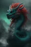 Placeholder: the black Chinese Indian Dragon with Long wavy, curly (((red hair))) and bright, (((sea-green eyes))), - full color - 32k, UHD, 1080p, 8 x 10, glossy professional quality digital photograph - dark foggy gradated background, historic, powerful, octane rendering, exquisite detail, 30 - megapixel, 4k, 85 - mm - lens, sharp - focus, intricately - detailed, long exposure time, f8, ISO 100 - back - lighting, ((skin details, high detailed skin texture))