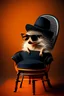 Placeholder: hedgehog lying on a vintage chair wearing round black glasses in a black cylindric hat on orange background