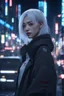 Placeholder: 1girl,(8k, RAW photo, best quality, masterpiece:1.3),(realistic,photo-realistic:1.37),(night),(looking at viewer:1.331),(white hair),posing,Tokyo street,nightcityscape, , cyberpunk city,soft light,1girl,extremely beautiful face,bust,put down hands,Random hairstyle,Random expression,big eyes, ,lower abdomen,(short-sleeved JK_shirt),JK_style,(dark blue JK_skirt) ,(bow JK_tie),,mix4, an extremely delicate and beautiful girl, depth of field, blurry background, blurry foreground,, delicate, beautifu