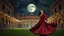 Placeholder: Hyper Realistic Beautiful Young Pashto Woman Wearing A Maroon Silk Frock With Detailed Maroon Embroidery & Beads Work On It Happily Swirling Inside The Beautiful Courtyard Of A Traditional Mughal Fort Decorated With Garland Lights At Dark Beautiful Night With Cloudy Full Moon On A Green Grass Showing Dramatic And Cinematic Ambiance.