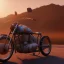 Placeholder: Old motorcycle with wings flying in sundown