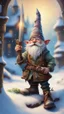 Placeholder: postcard portrait of bard gnome with old boots, sword and lute in the snow garden holding a tower fortification, magazine cover illustration with oil paint and spray paint, signed, bokeh like, down-light, unreal engine, prize winning