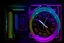 Placeholder: black background, outlines of a holographic clock and a picture in border drawn from thin neon-coloured glowing lines