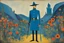 Placeholder: Euan Uglow-Ludwig Bemelmans oil painting, Otherworldly, 1970s dark fantasy paper book cover. the knight of blue and flowers standing with his weapon posing for painting