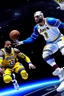 Placeholder: lebron james in space with steph curry and a basketball dunking