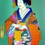 Placeholder: Retrato de cuerpo entero una Geisha Bella voluptuosa con kimono con el estilo de Gustav Klimt