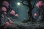 Placeholder: Night, trees, flowers, japanese manga style, horror gothic fantasy spring, rocks, friedrich eckenfelder paintings