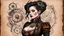 Placeholder: portrait photograph of cute woman, steampunk, bits of color, Sketch book, hand drawn, dark, gritty, vibrant deep color, realistic sketch, Rough sketch, mix of bold dark lines and loose lines, bold lines, on tattered paper, 3d, popping out of paper, Full body, tattoos styled like runes, beautiful, steampunk leather clothing embroidered with silver runes