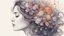 Placeholder: a woman's face seen from profile. She is in love, dreaming, looking into far, her hair dissolves in many blooming flowers
