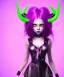 Placeholder: cute purple haired devil girl with bright green eyes and 2 black horns on her head wearing a purple/pink dress