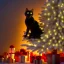 Placeholder: black Cat tangled up in christmas tree lights holiday