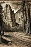 Placeholder: The Court of the Patriarchs at Zion National Park in the style of a wood carving