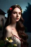 Placeholder: A fantastically beautiful full moon light, starry, in the background a Bavarian mountain village, very idyllic, very detailed, beautiful, delicate pastel colors.., Ferrari 812 fast parking.. and this gal standing there..