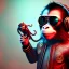 Placeholder: Monkey toddler, steampunk headphone, sunglass, gangsta neckless, full body, red leather jacket, tokio background, dramatic lighting, hyper realistic, unreal engine 5, 16k