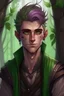 Placeholder: Young male wood elf, rogue, light brown skin, bright green eyes, mauve hair, black leather, mischievous, trees, stoner