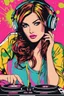 Placeholder: Pop art painting super model pretty girl with headphones playing music on a turntable, dj rave party disco club