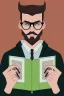 Placeholder: Fit man in round glasses with bookshelf in background, stubble,no beard, reading book, slim, tie, monotone, green eyes, comic book style, two tone colours, detailed, ink, realistic, handsome, square jaw, big brows, no jacket, bird on the shoulder, spotlight