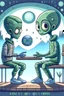 Placeholder: alien and a boy sitting on a bench. alien isshowing boy with his alien hand the universe that boy never saw with his human eyes. there are geometric stuff all around and some planet stuff. boy and alien are friends.