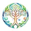 Placeholder: centered, logo with centered tree of life being held inside up turned hands, vector, with crescent moon, watercolors