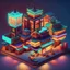 Placeholder: cute isometric china town, cutaway box, traditional, night lights, neon sign, hanging lanterns, electric posts with lamps, old taxis. highly detailed, made with blender, promotional brochure