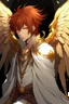 Placeholder: An anime male angel with red hair, gold eyes, and large, damaged feathered wings