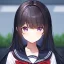 Placeholder: Clear focus,High resolution, Black long fluffy hair, long bangs, and purple eyes, Depressed girl, wearing a sailor uniform, frowning, red bow, Extreme Close up