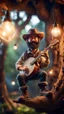 Placeholder: portrait of hairy rock banjo ninja sweet puppet cowboy living inside a tree house in a hollow huge tree growing light bulbs, singing in the spotlight with smoke coming from below,bokeh like f/0.8, tilt-shift lens 8k, high detail, smooth render, down-light, unreal engine, prize winning