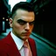 Placeholder: very grainy discolored 2000s photo, closeup portrait, dark night alley with no lights, grunge, extremely gaunt male with chalk-white skin wearing a good suit with a pink tie, calm, imposing, crazy look in the eyes, malkavian