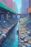 Placeholder: painting of a cyberpunk colourful natural walkway rubbish on the street in the city with pollution and a small bridge by a creek with electric sheep and androids by monet