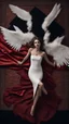 Placeholder: White wings, red dress, scissors. Above black and luxurious carpet. Cinematic picture from above