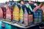 Placeholder: Colored pencil drawing, Very detailed, Drawing of the colorfull houses in the city Bergen in Norway. Colorfull, professional, detailed, pencil strokes, calm composition, zoom out, very detailed and realistic