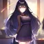 Placeholder: Clear focus,High resolution, black long fluffy hair, long fluffy bangs, purple eyes, wearing a cute outfit, wearing a short skirt