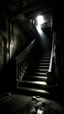 Placeholder: A stair from underground to another room with ghost shadow at the top ,in darkness reigns supreme, swallowing light and casting an eerie gloom. Jagged rocks jut ominously, shadows dancing with unseen creatures. Sinister shapes glide, eyes gleaming in the murky depths. Distant rumblings and creaking sounds fill the water, sending shivers. In this desolate underworld, fear of the unknown pervades every corner, where the slightest movement evokes terror. It's a realm where nightmares manifest